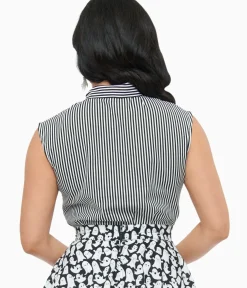 Unique Vintage Halloween|Work Wear>Retrolicious 1950s Black & White Striped Bow Top