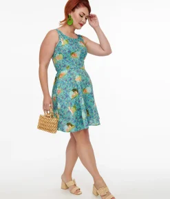 Unique Vintage Pocket Dresses|Everyday Dresses>Retrolicious 1950s Blue Cat Leaf Print Cotton Skater Dress