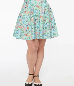Unique Vintage Fit & Flare|Skirts>Retrolicious 1950s Blue & Multicolor Fish Print Cotton Skater Skirt