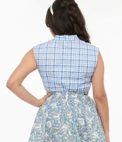 Unique Vintage Blouses>Retrolicious 1950s Blue Plaid Cotton Bow Top