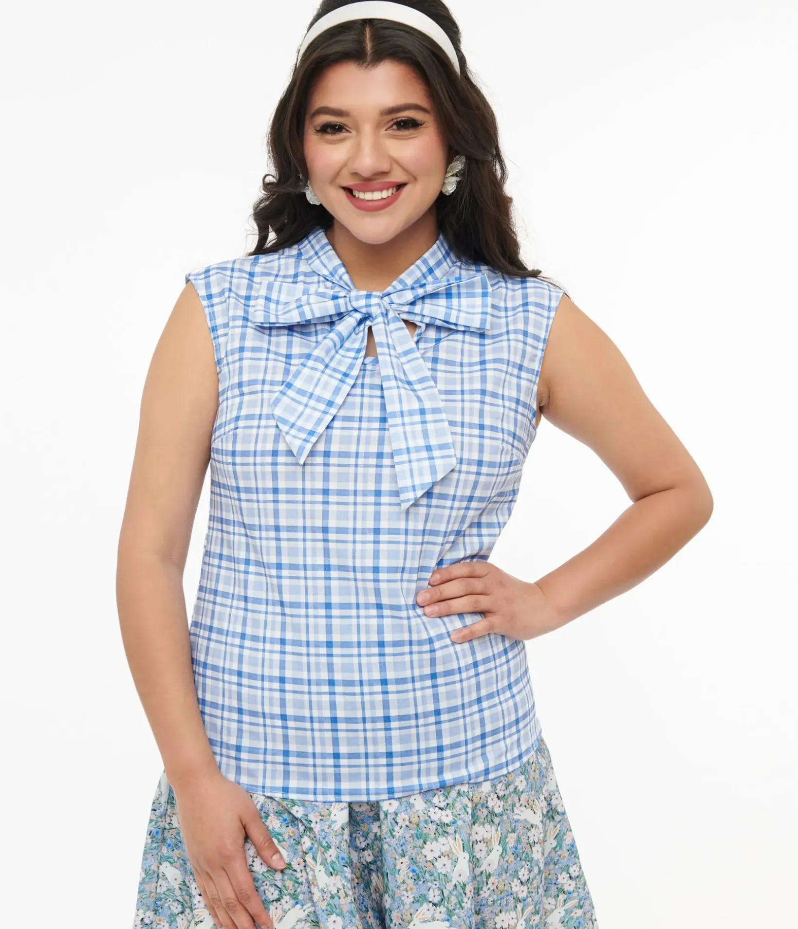 Unique Vintage Blouses>Retrolicious 1950s Blue Plaid Cotton Bow Top