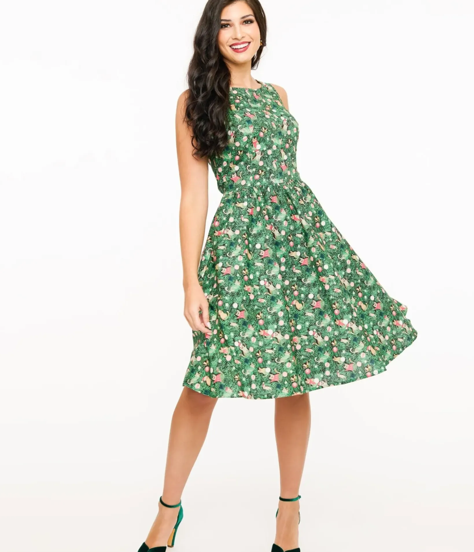 Unique Vintage Swing|Pocket Dresses>Retrolicious 1950s Green Holiday Cat Print Cotton Swing Dress