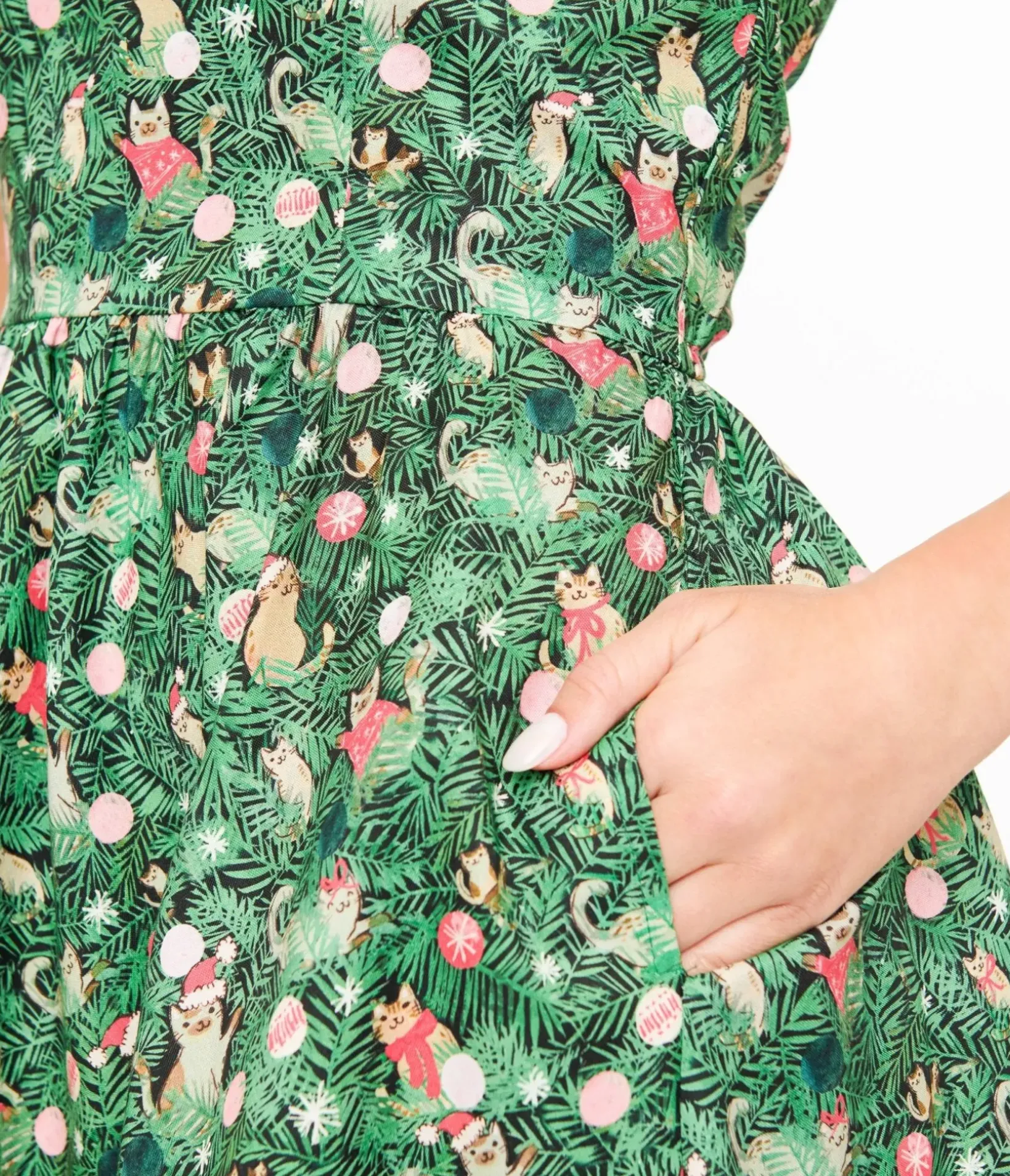 Unique Vintage Swing|Pocket Dresses>Retrolicious 1950s Green Holiday Cat Print Cotton Swing Dress