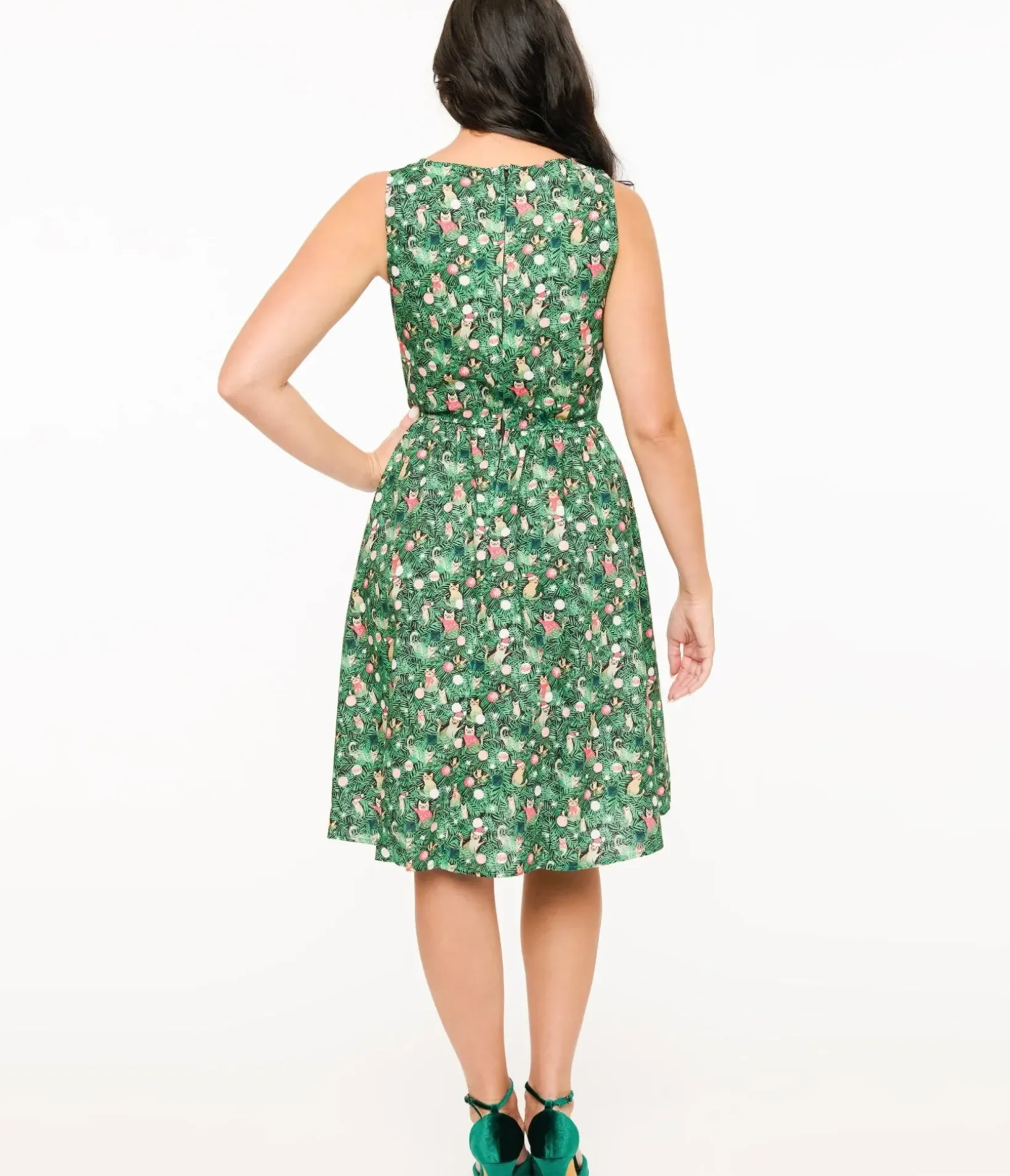 Unique Vintage Swing|Pocket Dresses>Retrolicious 1950s Green Holiday Cat Print Cotton Swing Dress
