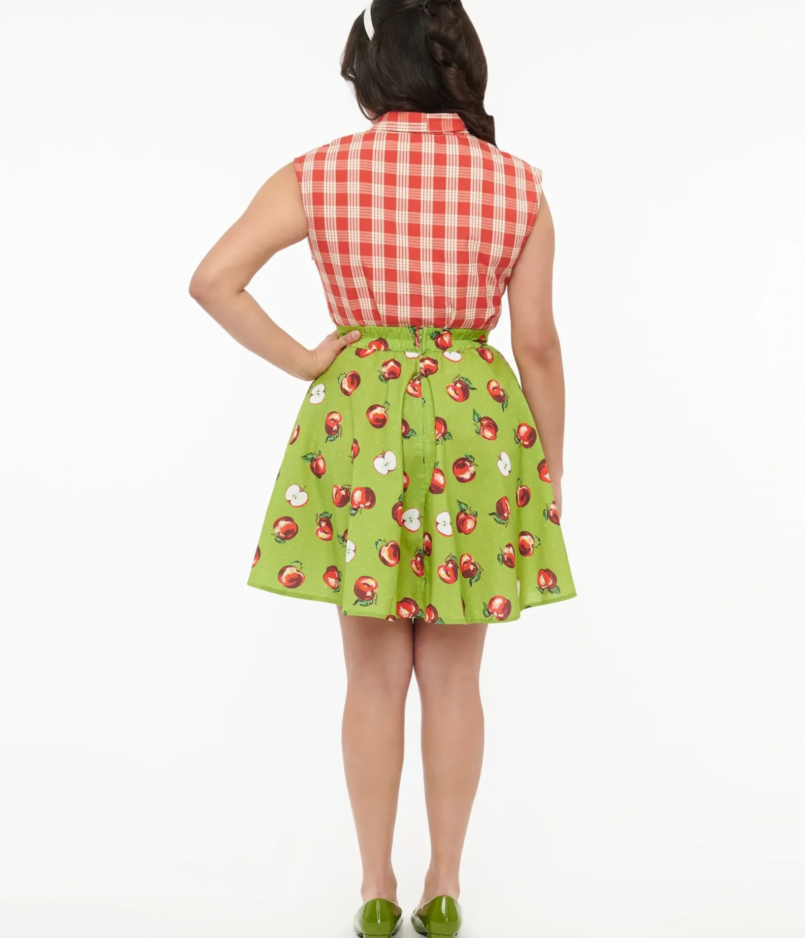 Unique Vintage Fit & Flare|Skirts>Retrolicious 1950s Green & Red Apple Print Skater Skirt