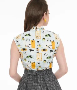 Unique Vintage Blouses|Work Wear>Retrolicious 1950s Light Blue Cat Print Cotton Bow Top