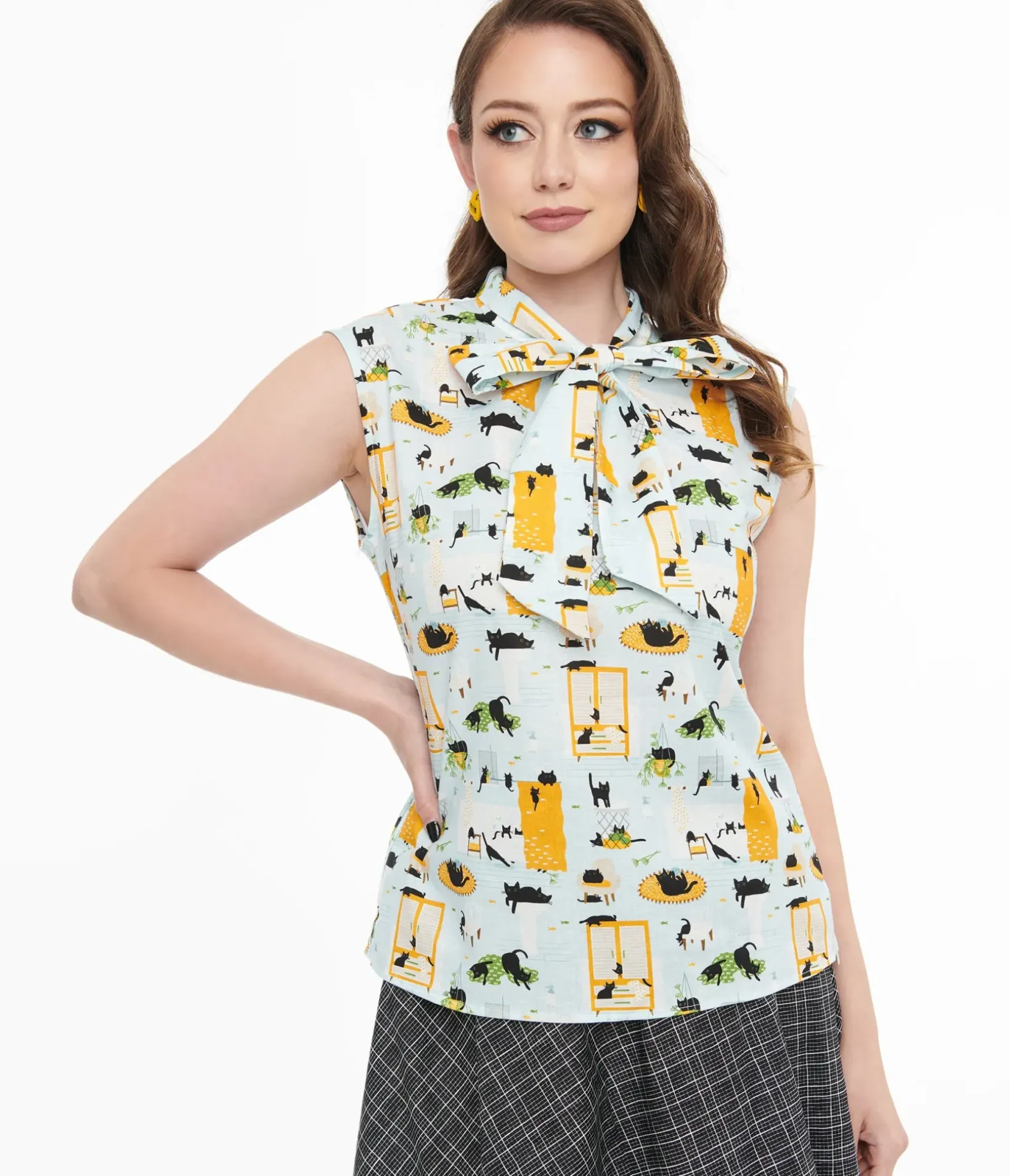 Unique Vintage Blouses|Work Wear>Retrolicious 1950s Light Blue Cat Print Cotton Bow Top