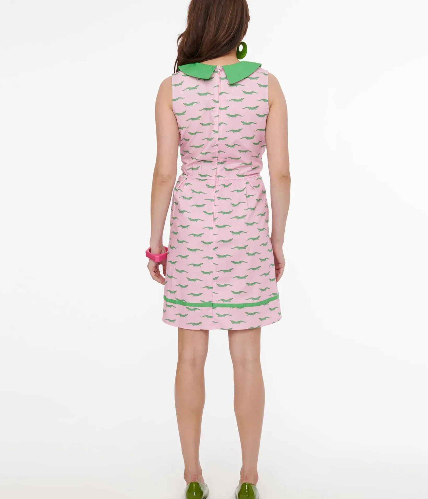Unique Vintage Fit & Flare|Pocket Dresses>Retrolicious 1960s Pink & Green Alligator Fit & Flare Collared Dress