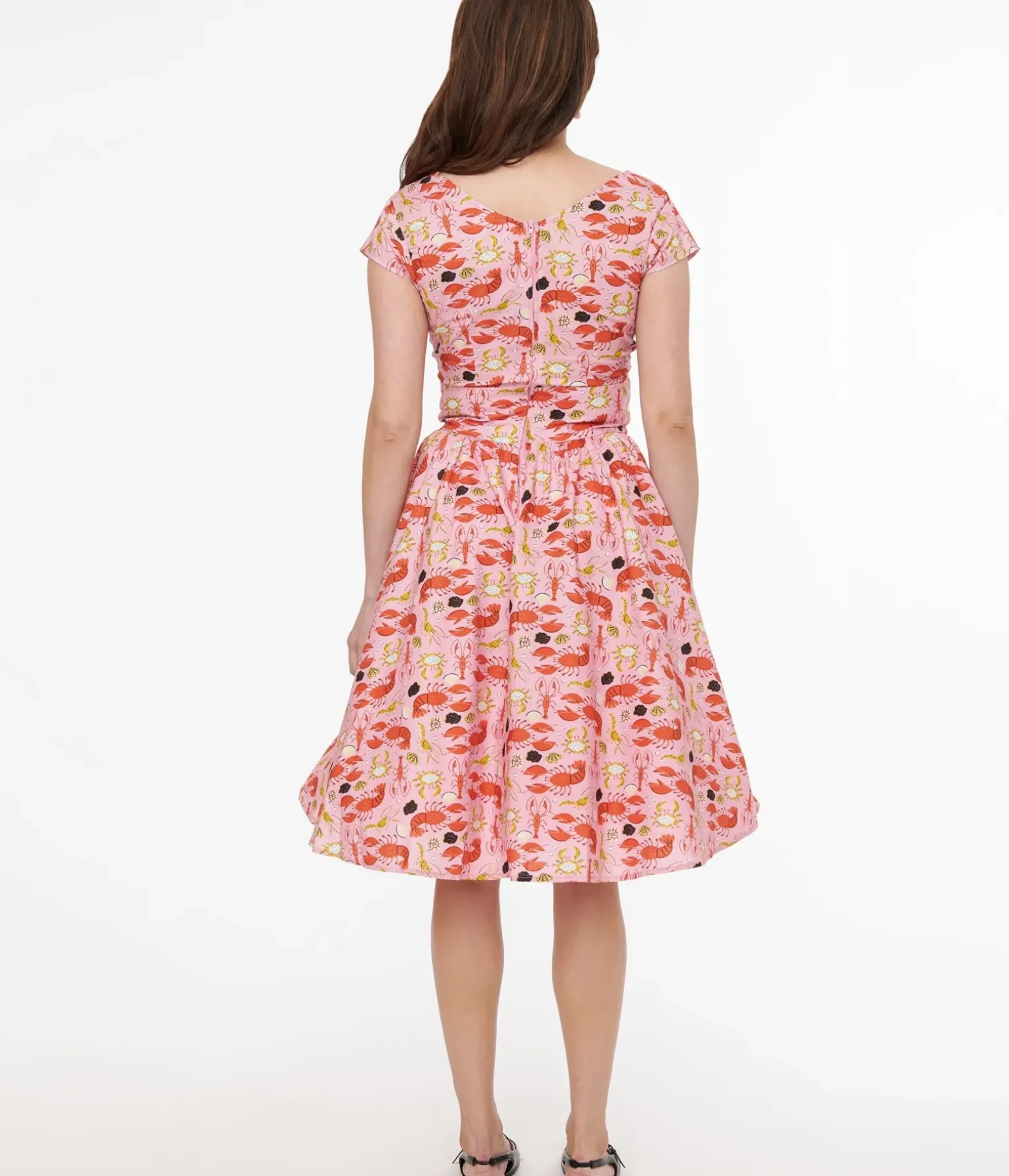 Unique Vintage Swing|Pocket Dresses>Retrolicious 1950s Pink & Red Lobster Print Cotton Greta Swing Dress