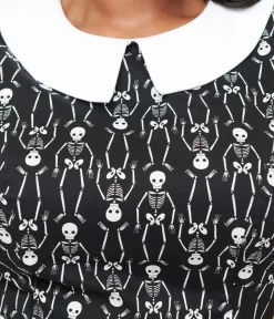 Unique Vintage Fit & Flare|Everyday Dresses>Retrolicious 1950s Plus Size Black & White Skeleton Print Collared Fit & Flare Dress
