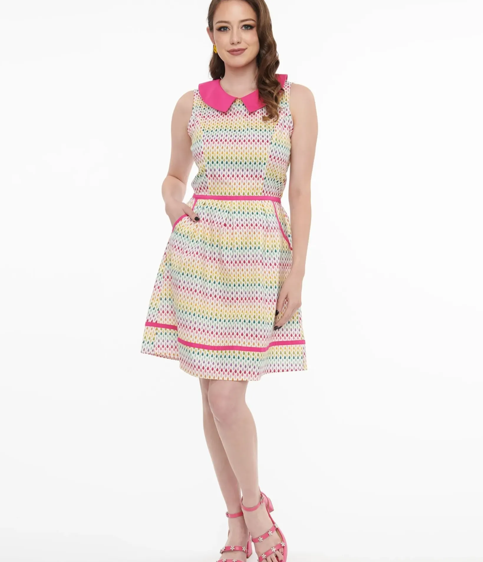 Unique Vintage Fit & Flare|Pocket Dresses>Retrolicious 1950s Rainbow Leaf Collared Fit & Flare Dress