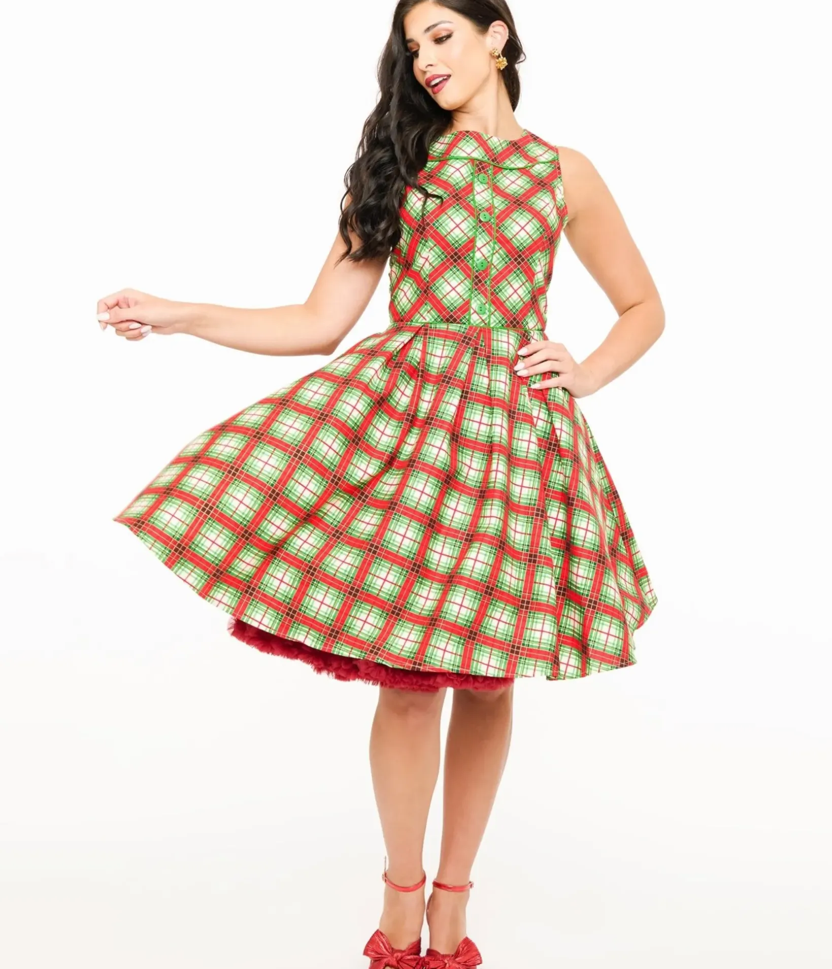 Unique Vintage Swing|Pocket Dresses>Retrolicious 1950s Red Tartan Holiday Elizabeth Swing Dress