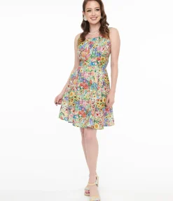 Unique Vintage Swing|Pocket Dresses>Retrolicious 1950s Vintage Style Rainbow Floral Cotton Swing Dress