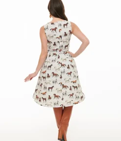 Unique Vintage Swing|Pocket Dresses>Retrolicious 1950s White & Brown Horse Print Cotton Swing Dress