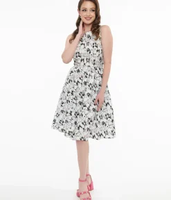 Unique Vintage Swing|Pocket Dresses>Retrolicious 1950s White Cat Party Crown Print Cotton Swing Dress