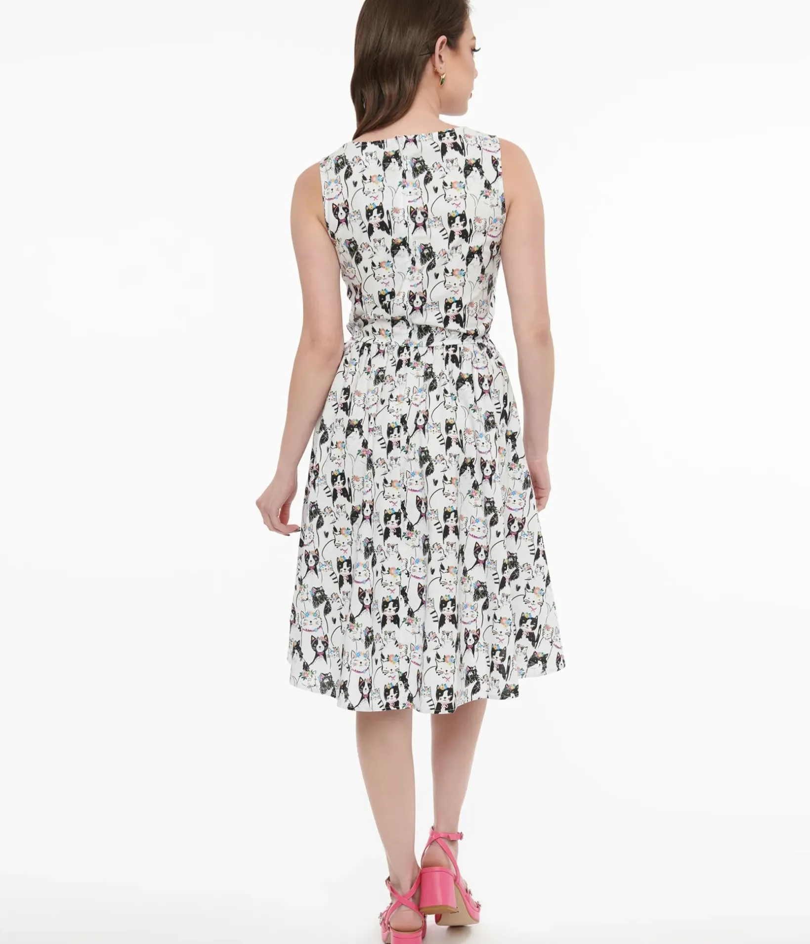 Unique Vintage Swing|Pocket Dresses>Retrolicious 1950s White Cat Party Crown Print Cotton Swing Dress