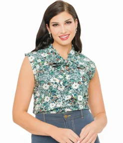 Unique Vintage Blouses>Retrolicious 1950s Winter Floral Cotton Bow Top