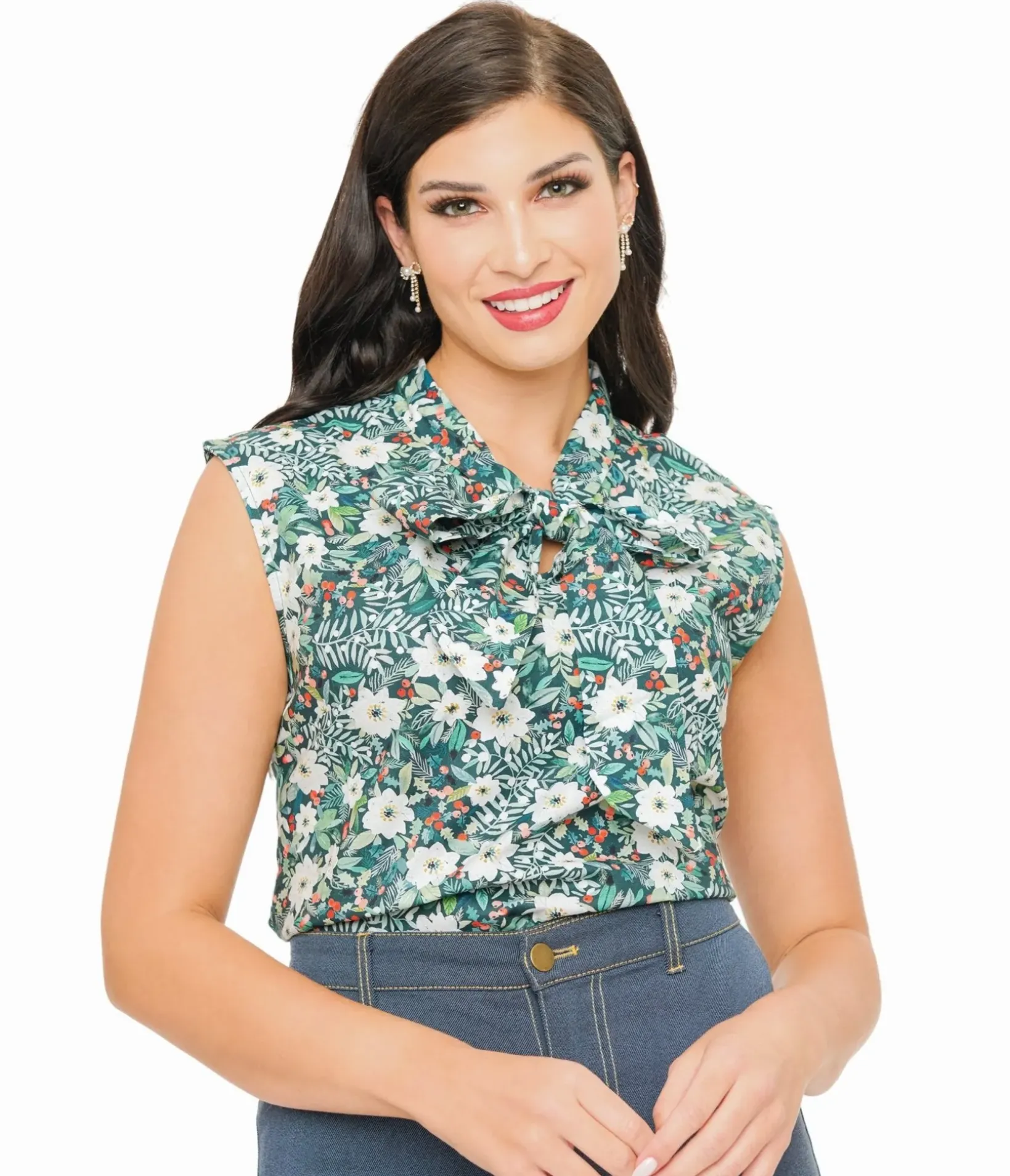 Unique Vintage Blouses>Retrolicious 1950s Winter Floral Cotton Bow Top