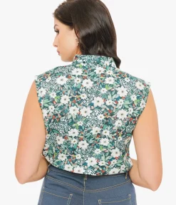 Unique Vintage Blouses>Retrolicious 1950s Winter Floral Cotton Bow Top