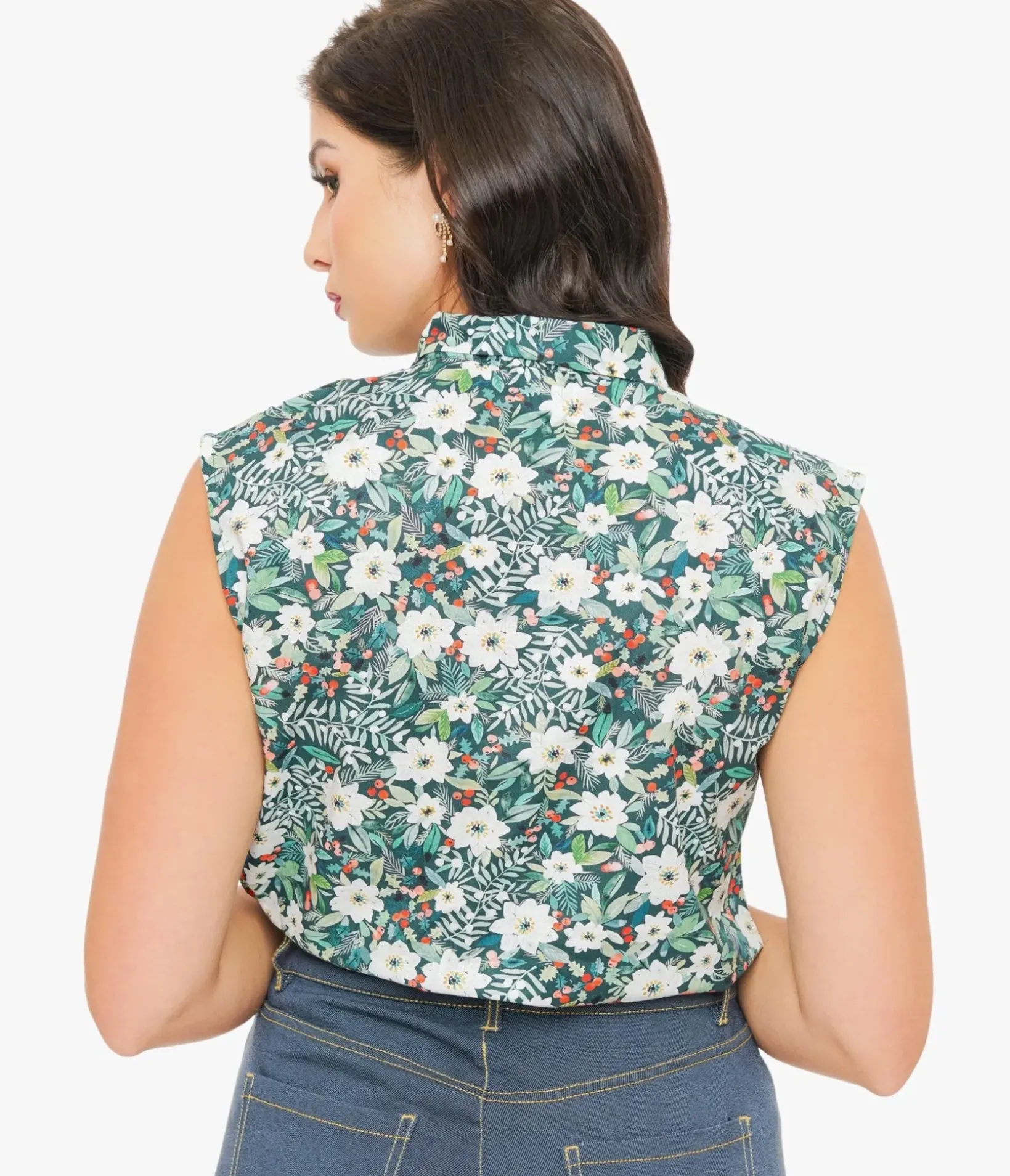 Unique Vintage Blouses>Retrolicious 1950s Winter Floral Cotton Bow Top