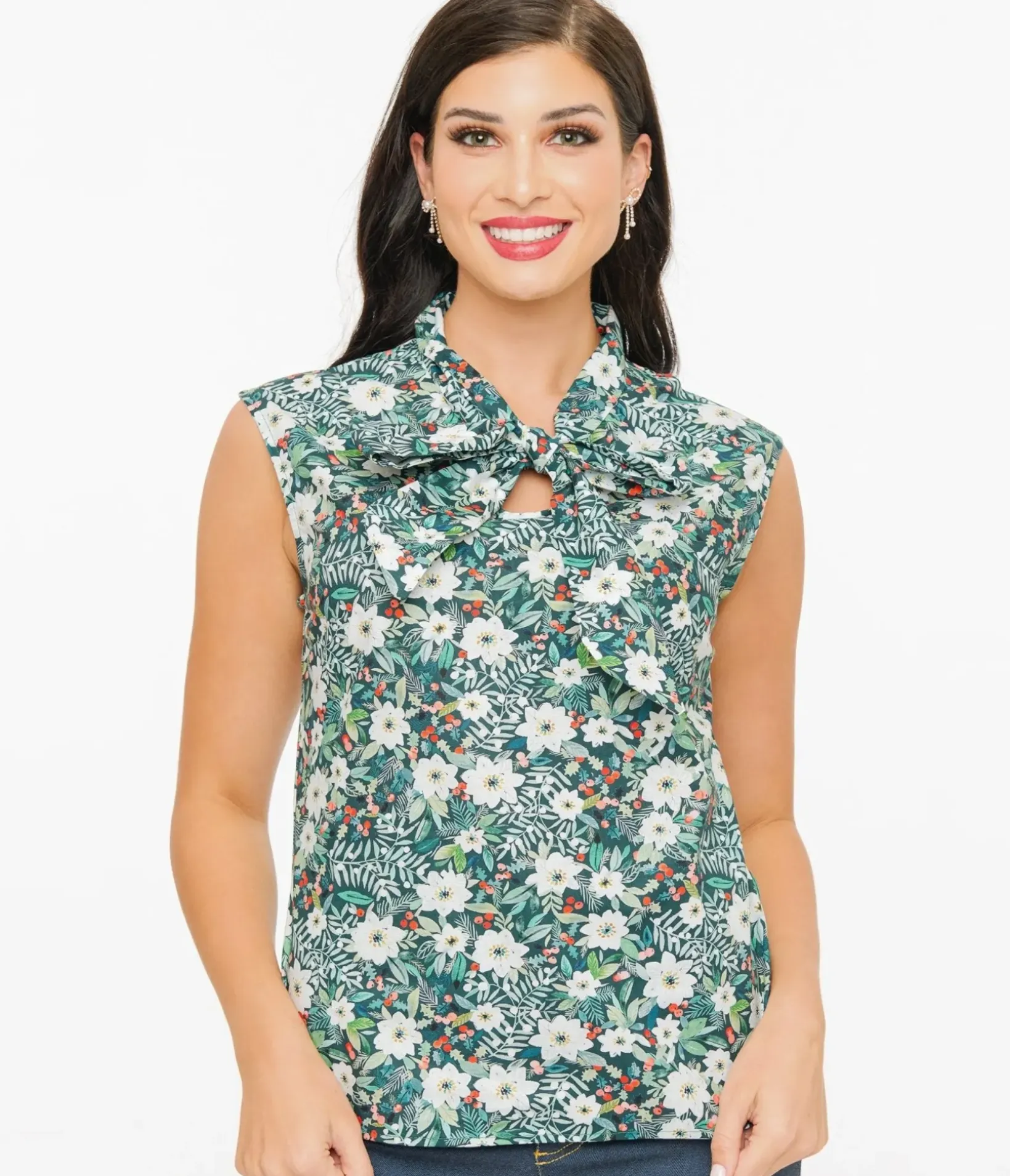 Unique Vintage Blouses>Retrolicious 1950s Winter Floral Cotton Bow Top