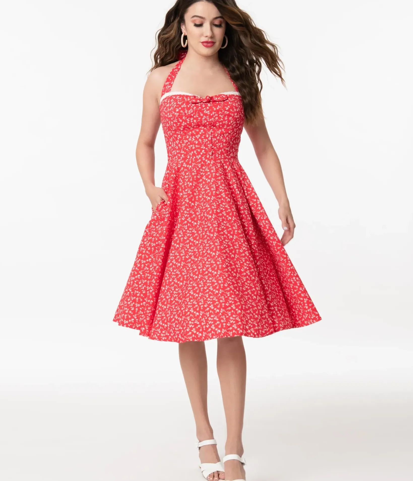 Unique Vintage Swing|Pocket Dresses>Retro Red & White Floral Halter Kimberly Swing Dress