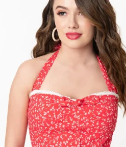 Unique Vintage Swing|Pocket Dresses>Retro Red & White Floral Halter Kimberly Swing Dress