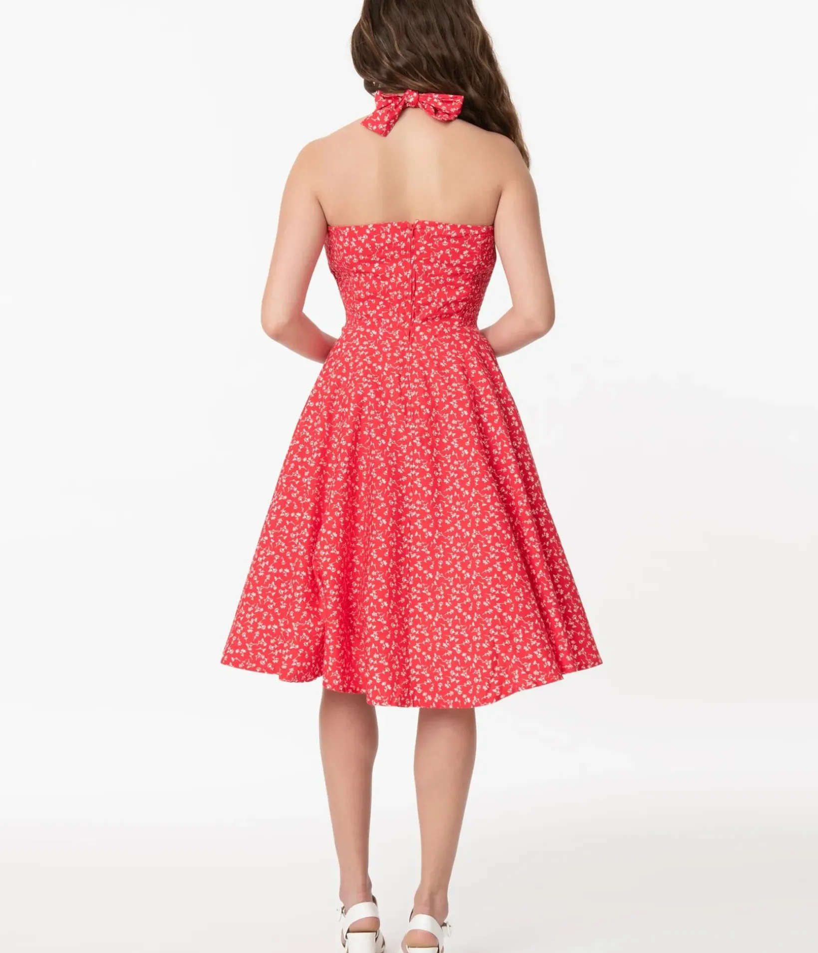 Unique Vintage Swing|Pocket Dresses>Retro Red & White Floral Halter Kimberly Swing Dress