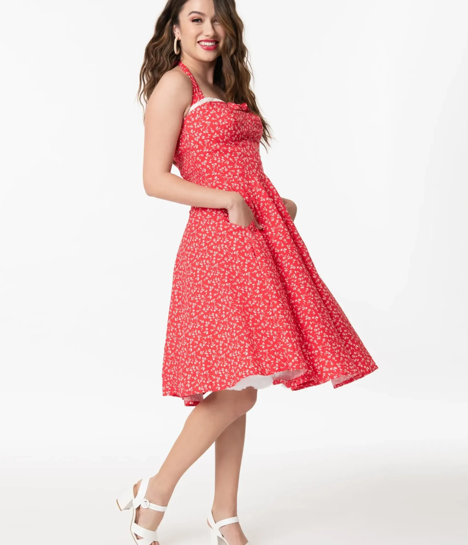 Unique Vintage Swing|Pocket Dresses>Retro Red & White Floral Halter Kimberly Swing Dress