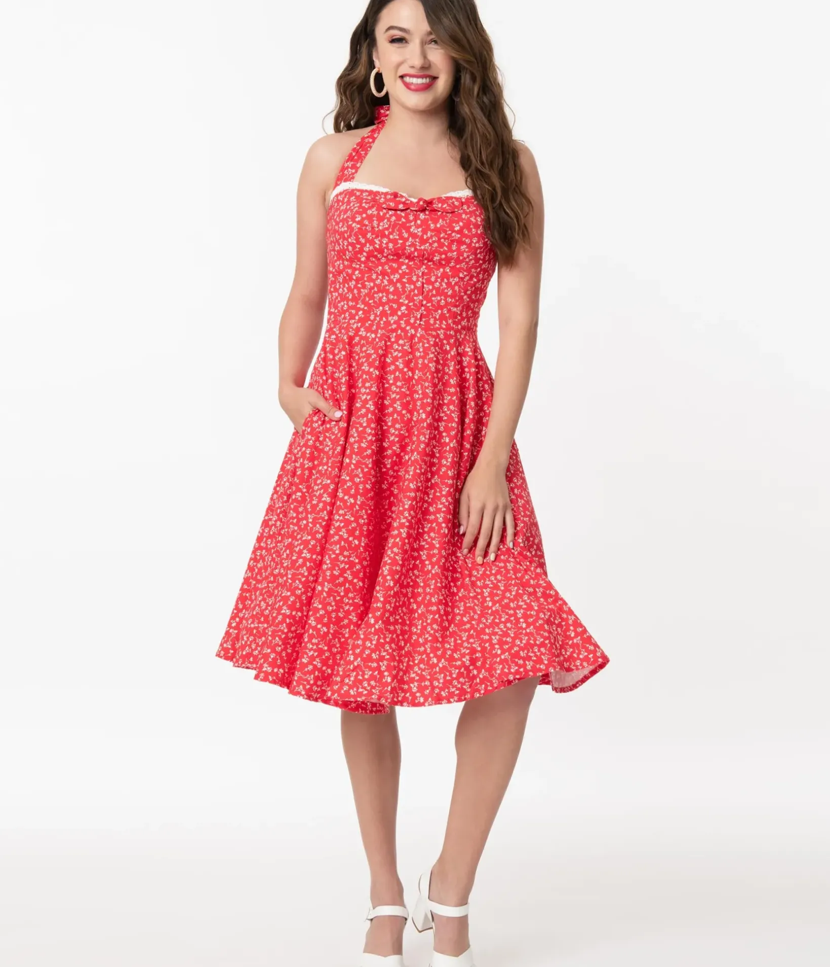Unique Vintage Swing|Pocket Dresses>Retro Red & White Floral Halter Kimberly Swing Dress