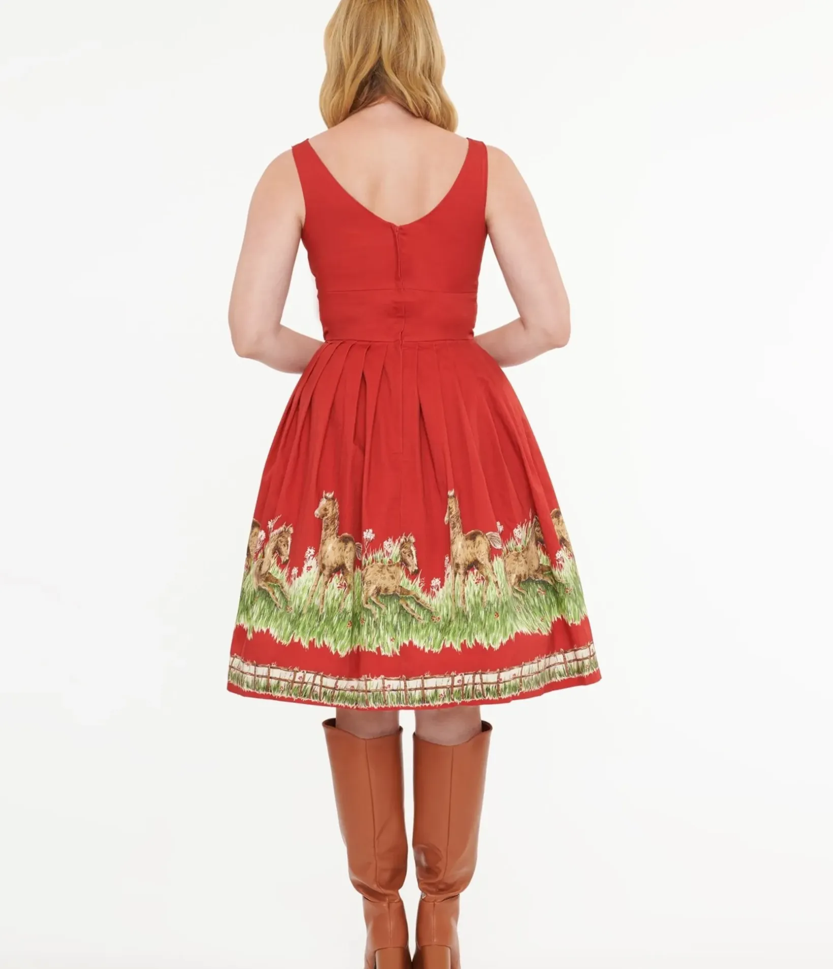 Unique Vintage Swing|Swing>Retrospec'd Red & Greener Pastures Print Peggy Swing Dress