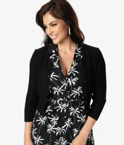 Unique Vintage Sweaters & Cardigans|All Things Black>Retro Style Black Cotton Crochet Sleeved Button Cardigan