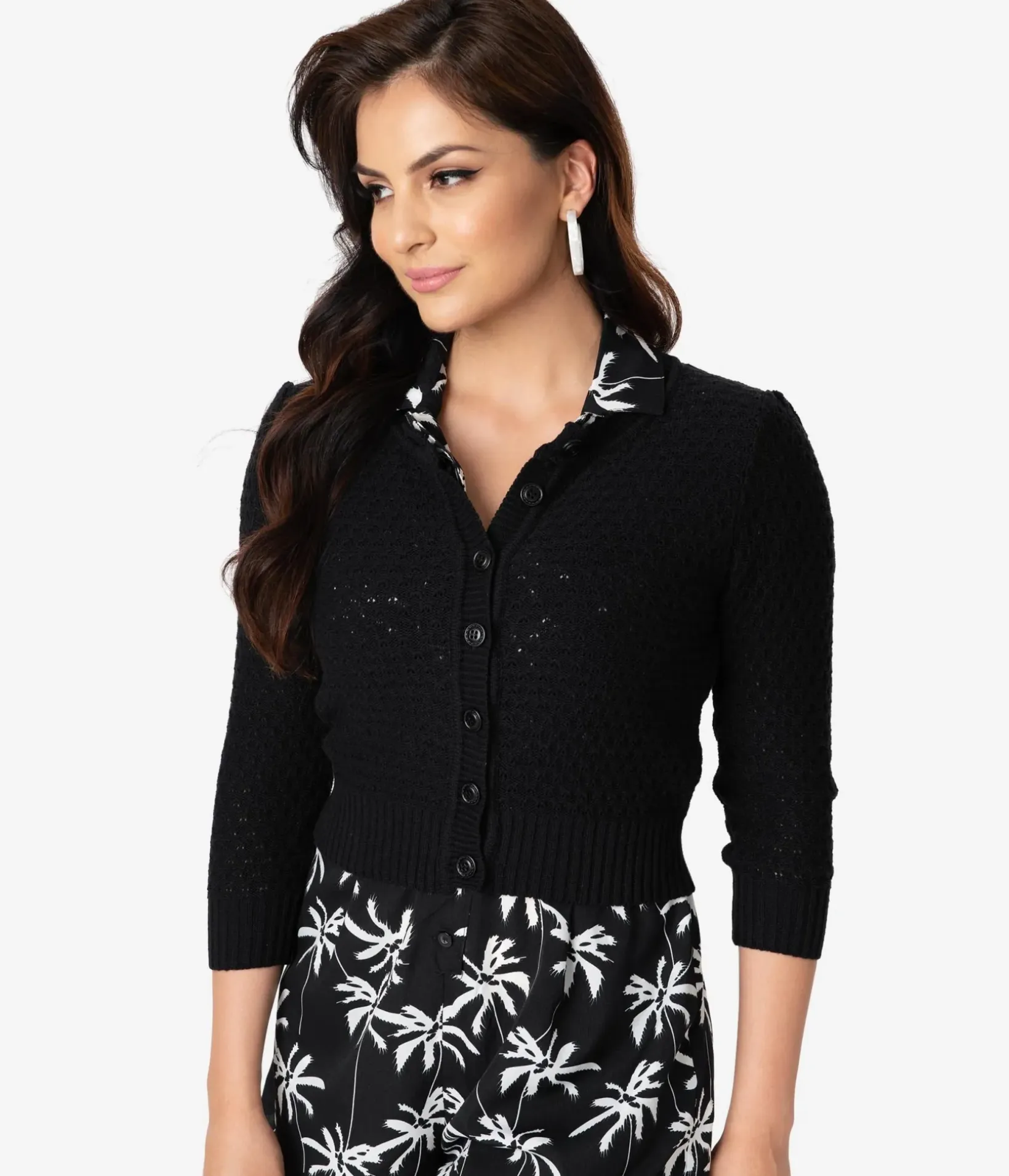 Unique Vintage Sweaters & Cardigans|All Things Black>Retro Style Black Cotton Crochet Sleeved Button Cardigan