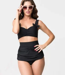 Unique Vintage Swim Bottoms|Two Piece Swim>Retro Style Black Gathered High Waist Skirted Swim Bottoms