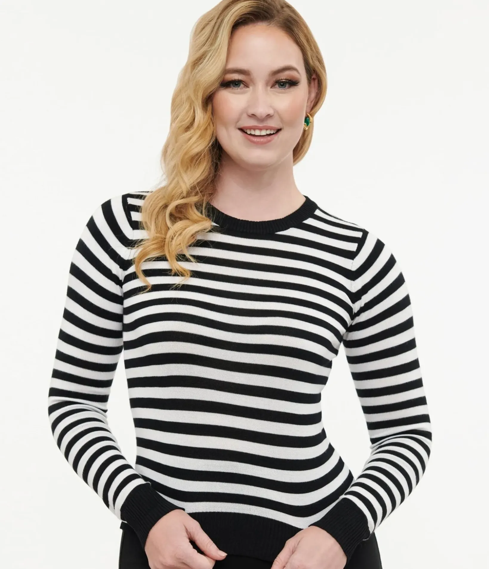 Unique Vintage Sweaters & Cardigans>Retro Style Black & White Stripe Long Sleeve Knit Sweater Top