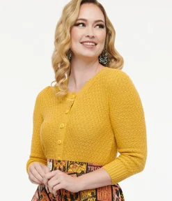 Unique Vintage Sweaters & Cardigans|Work Wear>Retro Style Honey Yellow Cotton Crochet Sleeved Button Cardigan