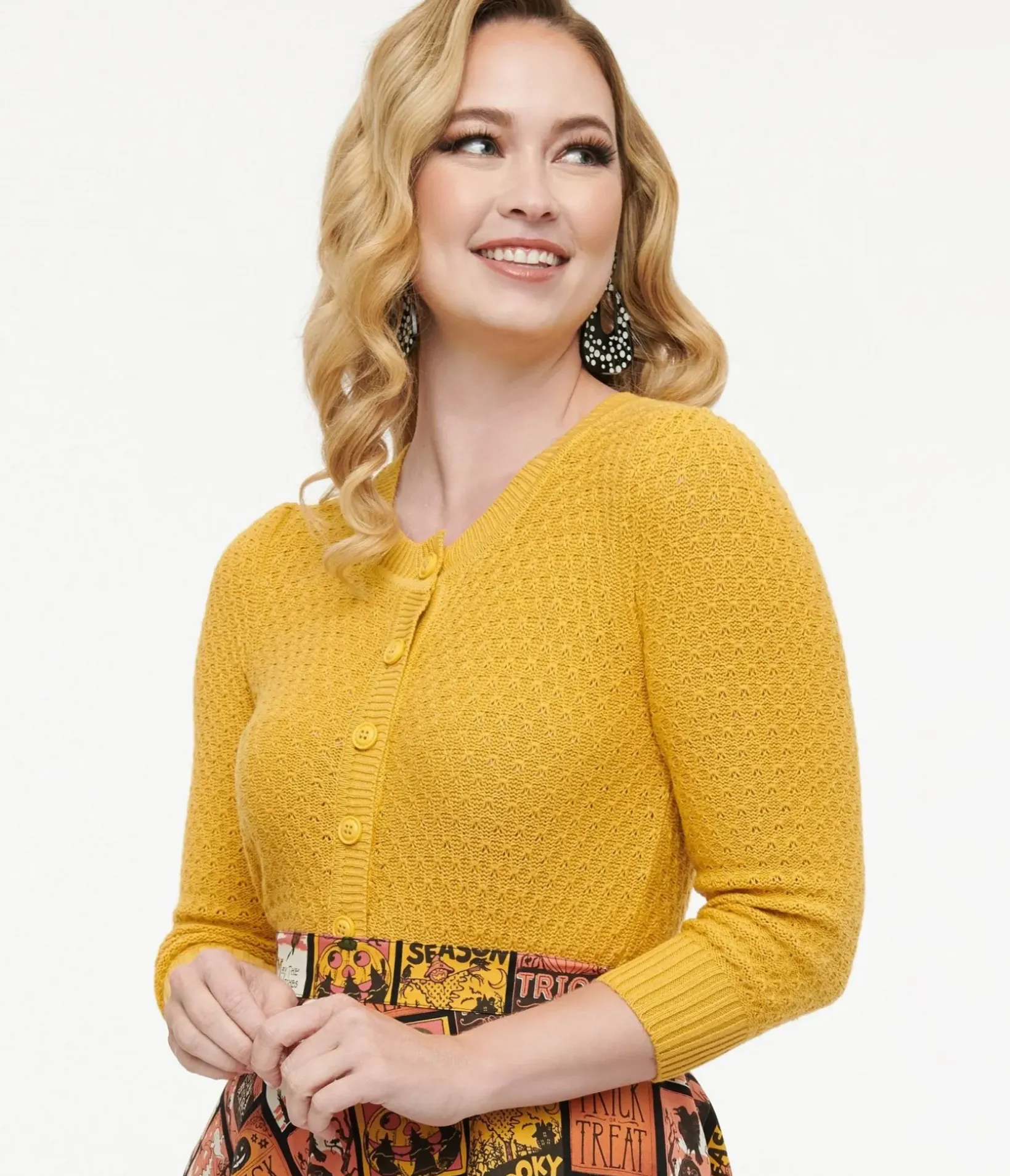 Unique Vintage Sweaters & Cardigans|Work Wear>Retro Style Honey Yellow Cotton Crochet Sleeved Button Cardigan