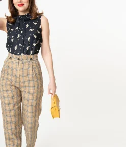 Unique Vintage Pants|Work Wear>Retro Style Tan & Black Plaid High Waist Pants
