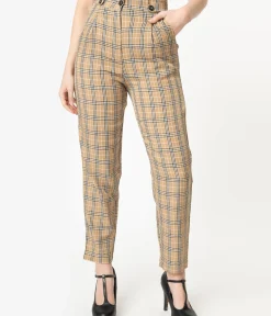 Unique Vintage Pants|Work Wear>Retro Style Tan & Black Plaid High Waist Pants