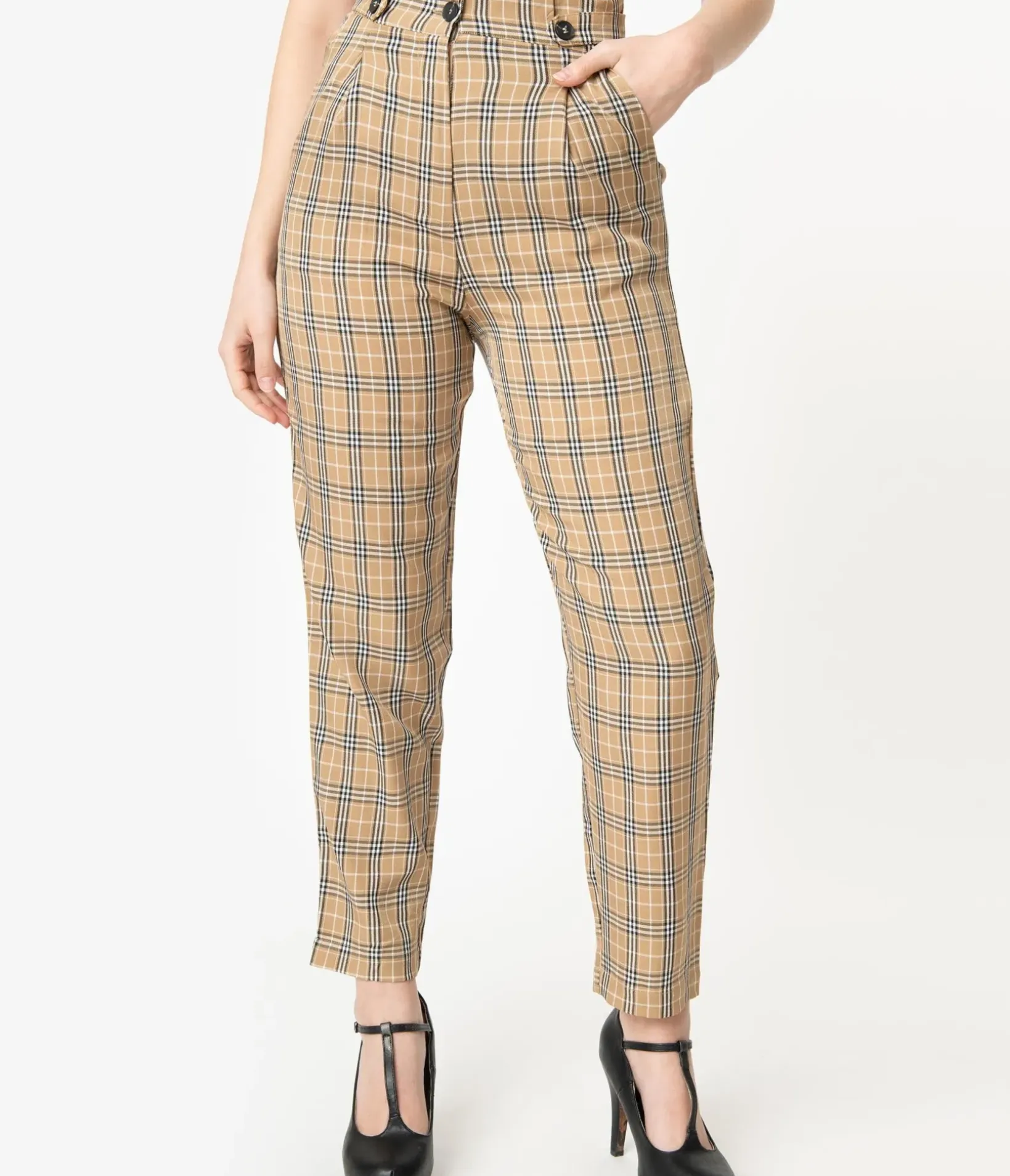Unique Vintage Pants|Work Wear>Retro Style Tan & Black Plaid High Waist Pants