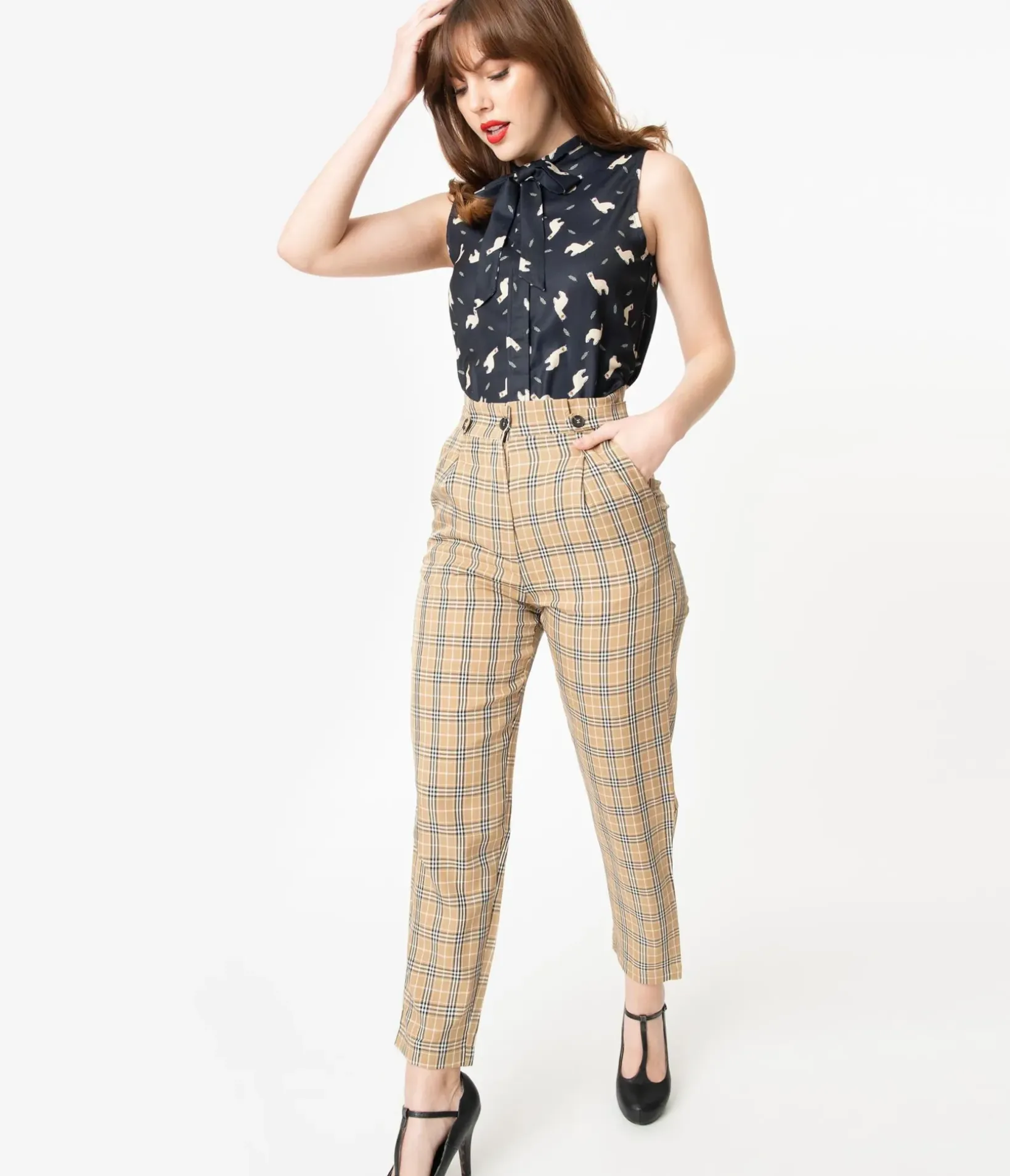 Unique Vintage Pants|Work Wear>Retro Style Tan & Black Plaid High Waist Pants