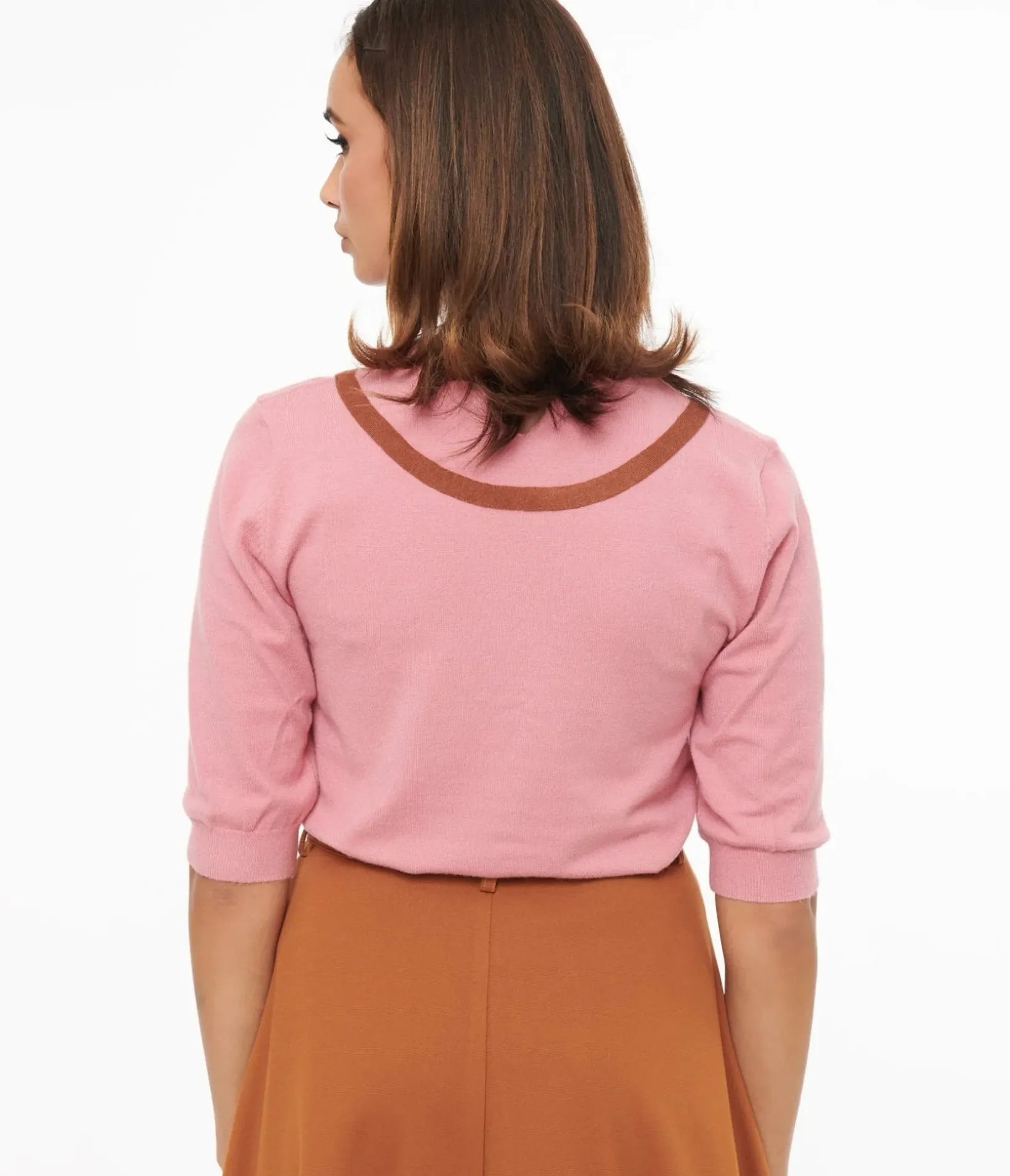 Unique Vintage Work Wear|All Things Pink>Rose Pink & Brown Knit Top