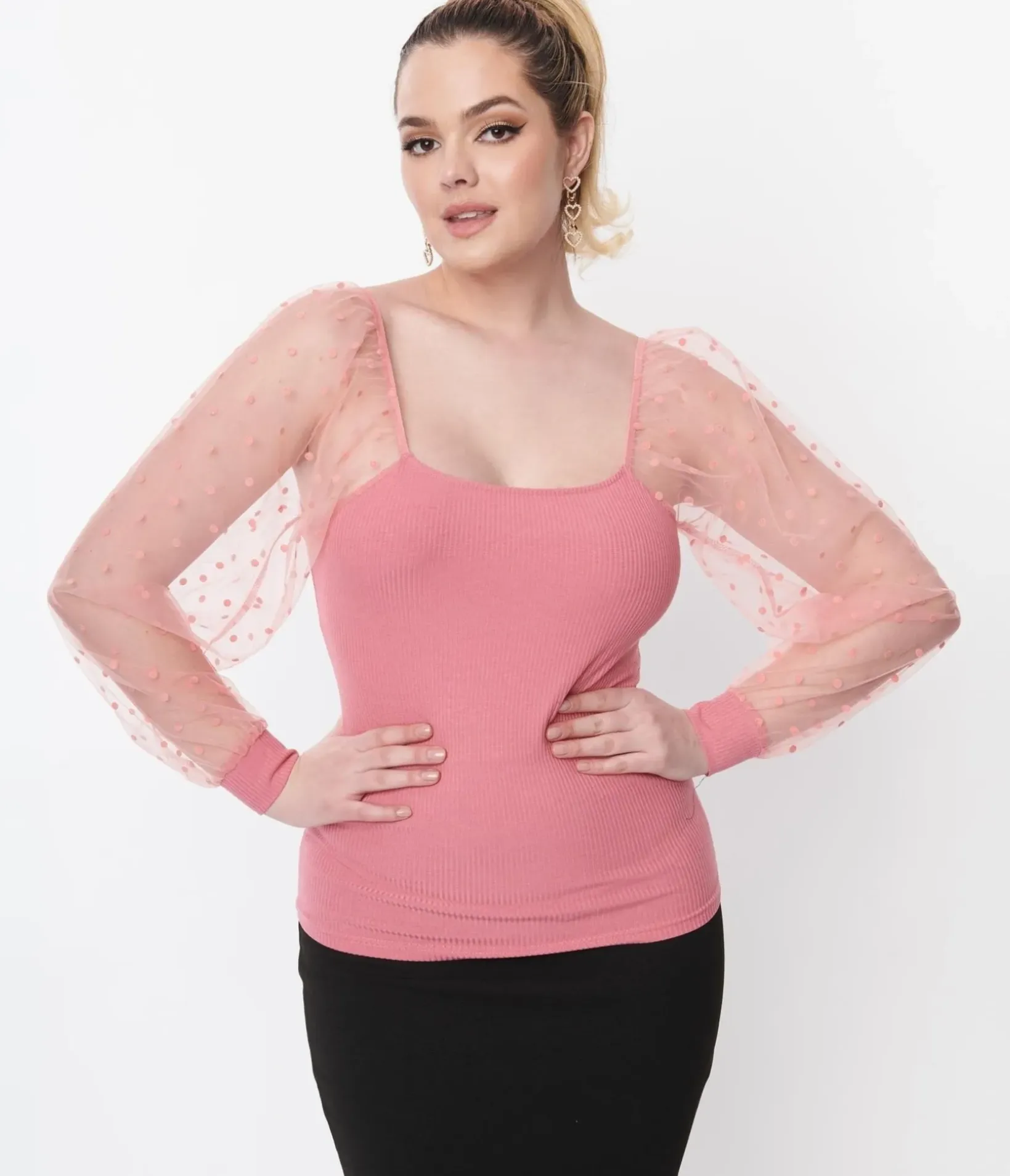 Unique Vintage Blouses|All Things Pink>Rose Pink Dot Mesh Delilah Blouse