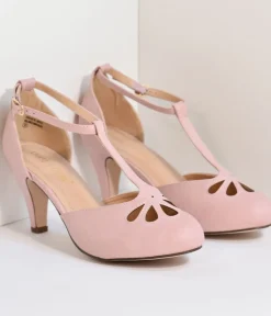 Unique Vintage Heels|T-Straps>Rose Pink T-Strap Cut Out Kitten Heels