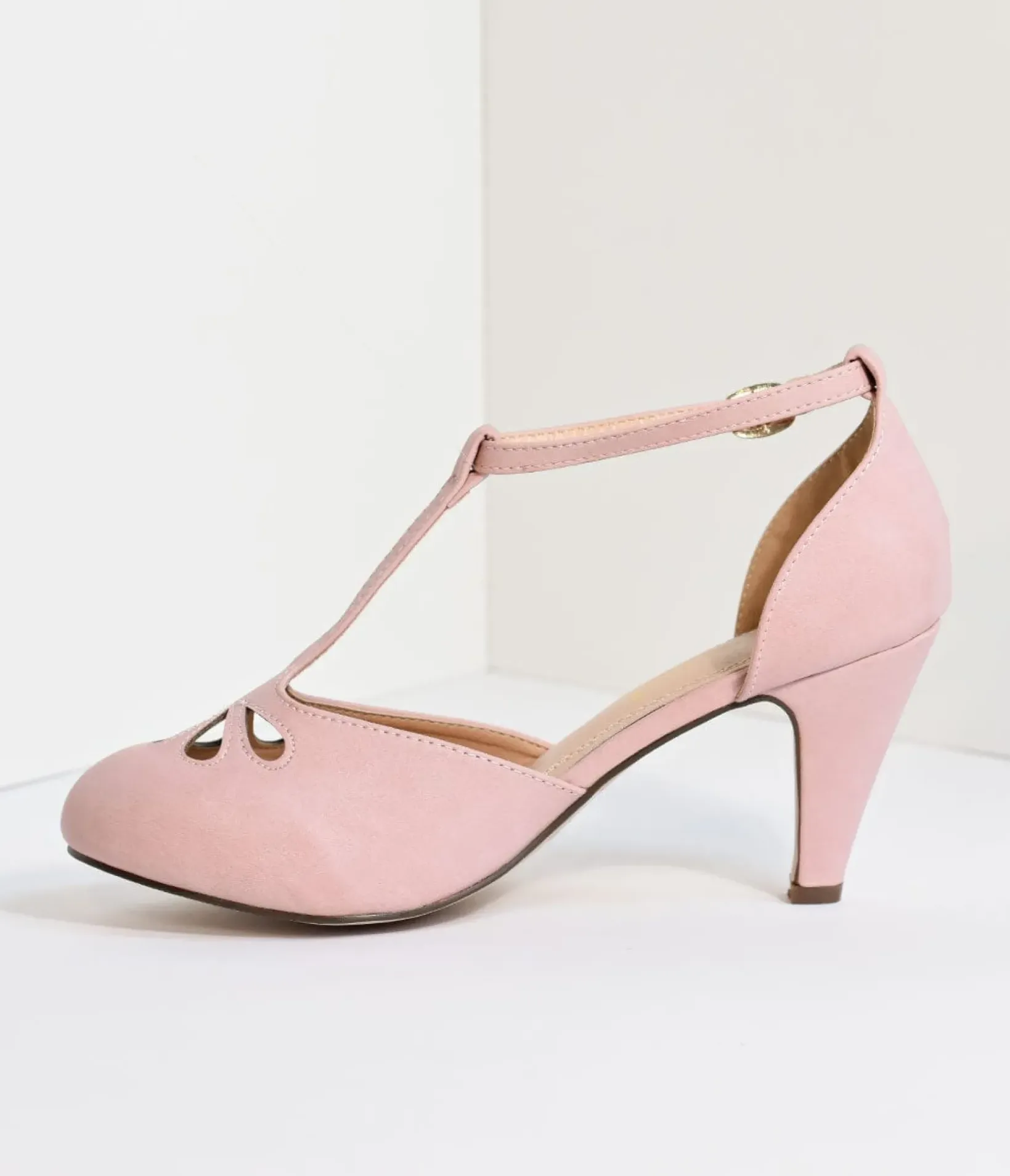 Unique Vintage Heels|T-Straps>Rose Pink T-Strap Cut Out Kitten Heels
