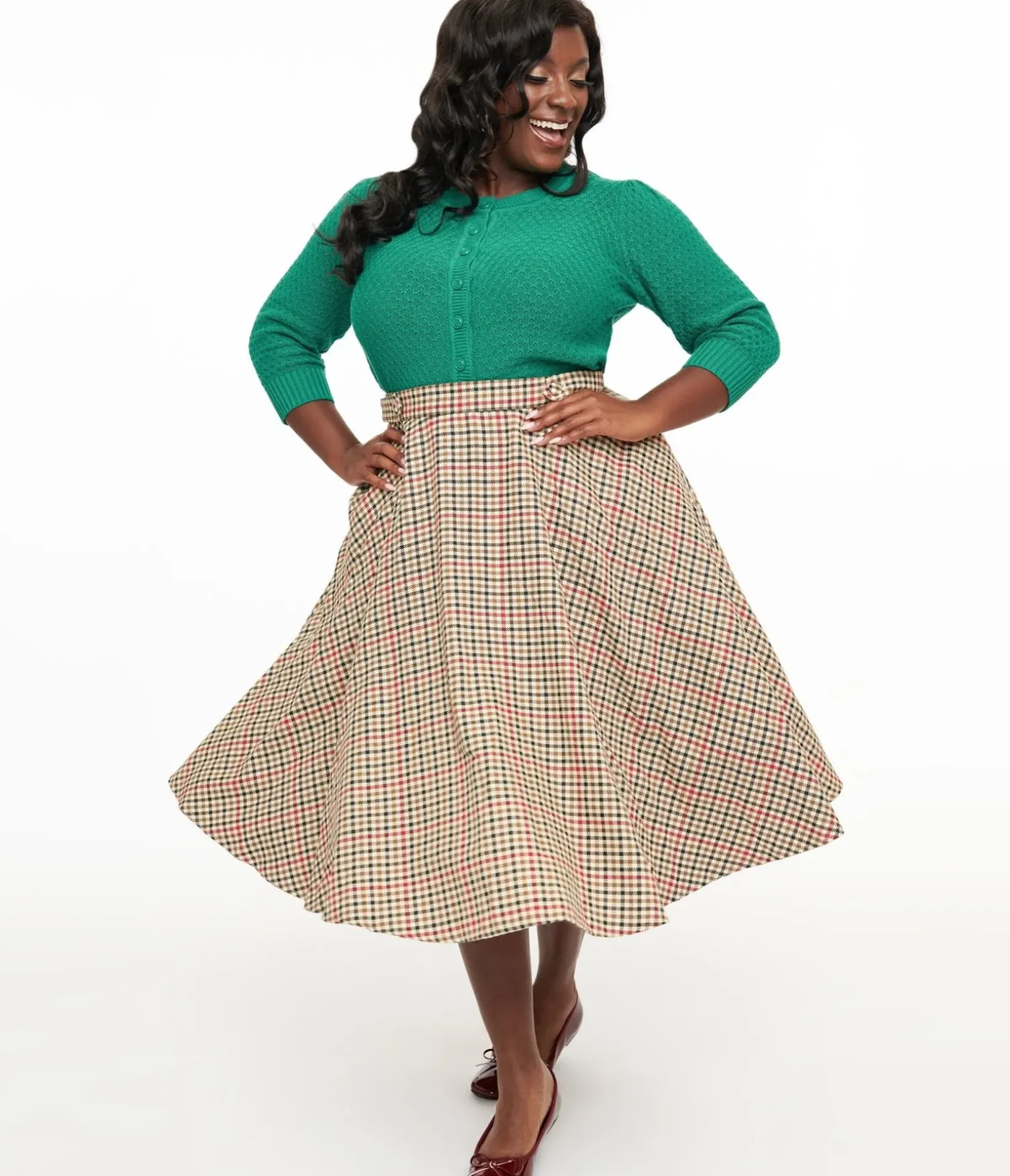 Unique Vintage Skirts|Skirts>Royal Monk Plus Size 1950s Beige & Black Check Hilda Swing Skirt