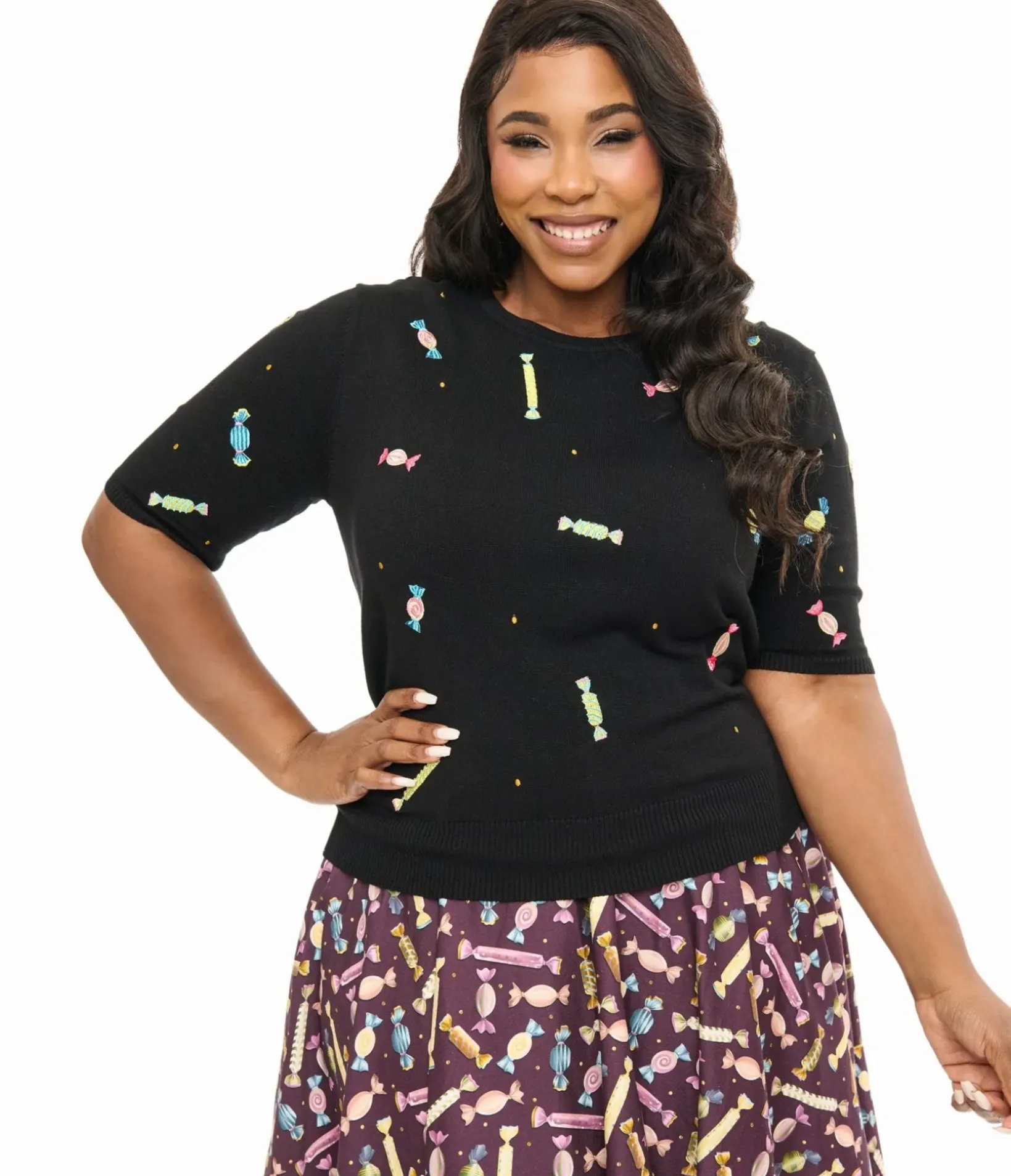 Unique Vintage Sweaters & Cardigans|Sweaters & Cardigans>Royal Monk Plus Size 1950s Black & Rainbow Candy Sweater