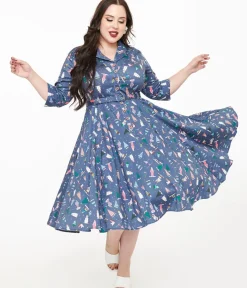 Unique Vintage Midi|Pocket Dresses>Royal Monk Plus Size 1940s Blue Ski Snow Season Midi Dress