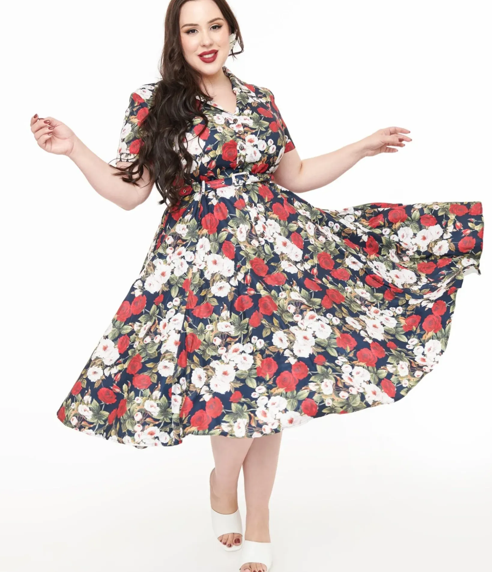 Unique Vintage Midi|Fit & Flare>Royal Monk Plus Size 1950s Dark Rose Fit & Flare Dress