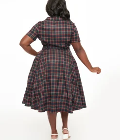 Unique Vintage Swing|Swing>Royal Monk Plus Size 1950s Green & Red Plaid Merry Holidays Swing Dress